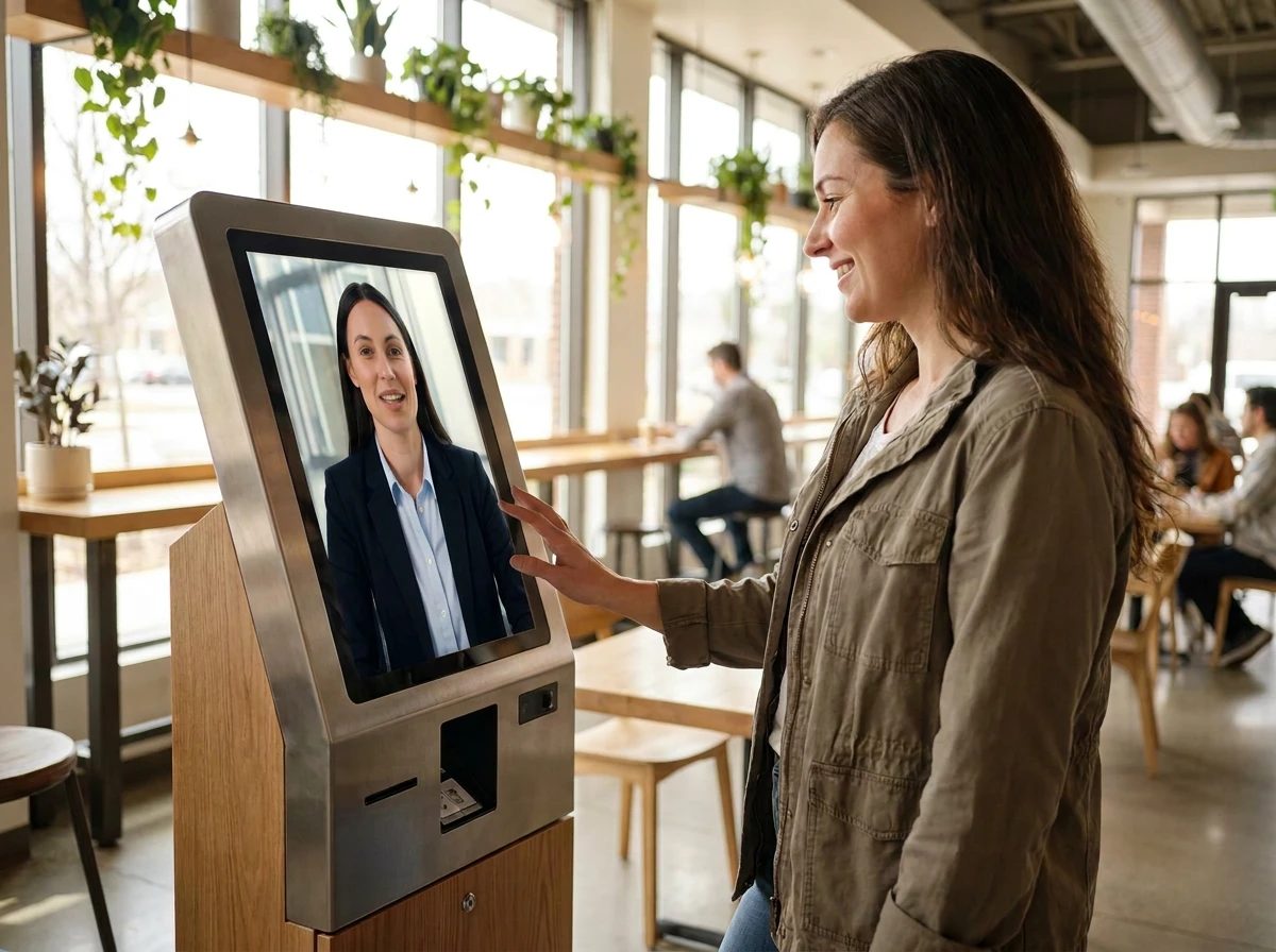 A guest at a café kiosk talks with a Human AI Host on the screen